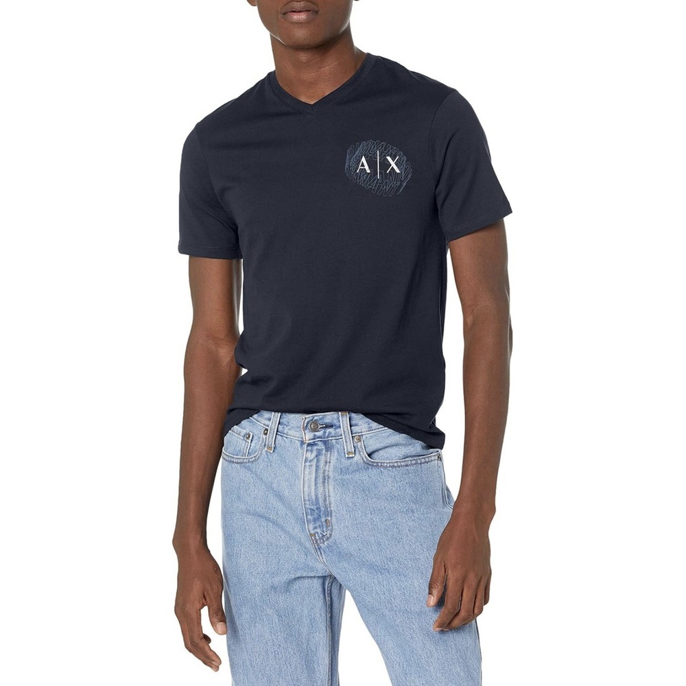 AX Armani Exchange Cotton  V-Neck Navy Mens Swirl A/X Logo Short Sleeve Size XXL